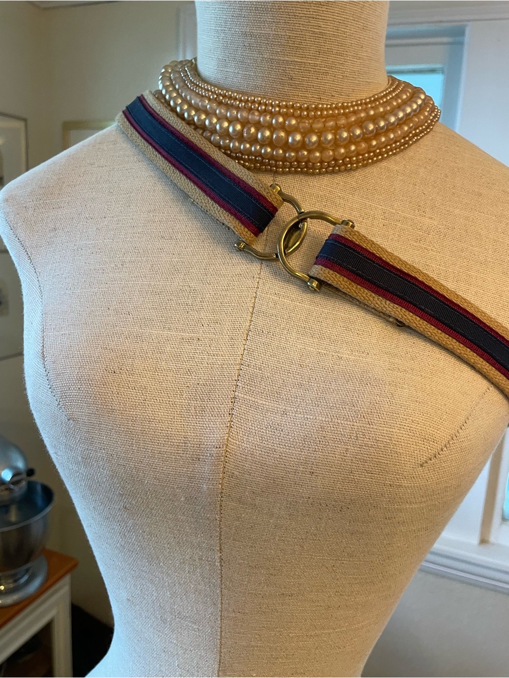 Striped Canvas Crossbody Strap with Brass Rings — Navy, Red, Tan 29”
